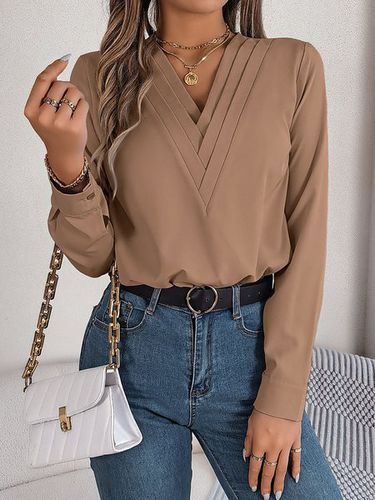 Loose Plain V Neck Casual Blouse - Just Fashion Now - Modalova