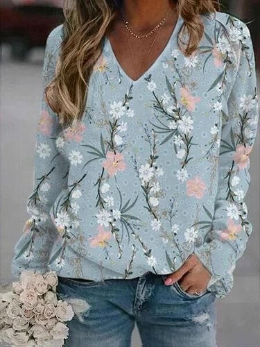 Floral Casual V-neck Sweatshirt - Just Fashion Now - Modalova