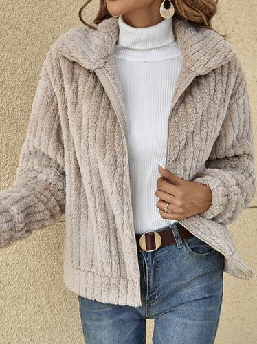 Casual Shawl Collar Zipper Plain Teddy Jacket - Just Fashion Now - Modalova