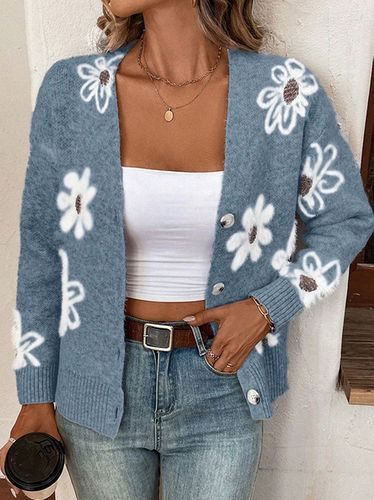 Yarn/Wool Yarn Floral Buckle Casual Cardigan - Just Fashion Now - Modalova