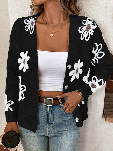 Yarn/Wool Yarn Floral Buckle Casual Cardigan - Just Fashion Now - Modalova