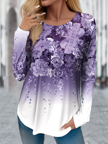 Women's Long Sleeve T-shirt Spring/Fall Purple Floral Jersey Crew Neck Daily Going Out Casual Top - Just Fashion Now - Modalova