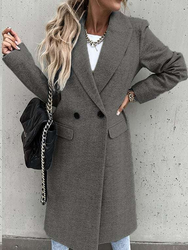 Lapel Collar Woolen Plain Vintage Coat - Just Fashion Now - Modalova