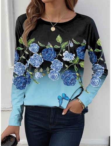 Women's Long Sleeve T-shirt Spring/Fall Black Floral Jersey Crew Neck Daily Going Out Casual Top - Just Fashion Now - Modalova