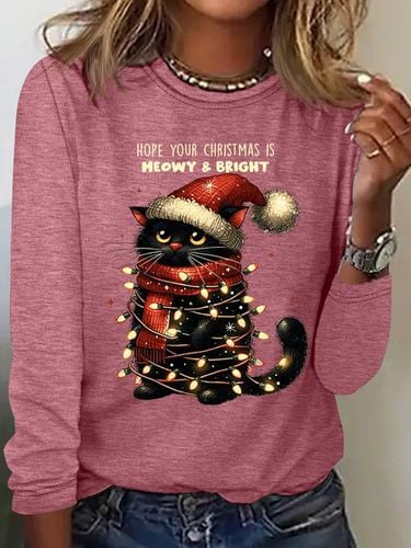 Hope Your Christmas Is Meowy and Bright Casual Long Sleeve Shirt - Just Fashion Now - Modalova