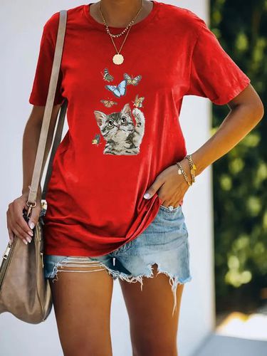 Casual Cat And Butterfly Cotton Loose T-Shirt - Just Fashion Now - Modalova