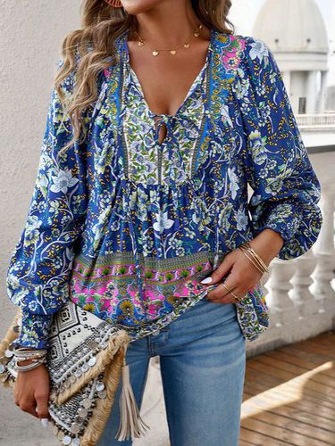 Loose V Neck Boho Shirt - Modetalente - Modalova