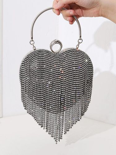 Valentine's Day Heart Shape Rhinestone Fringe Handbag Party Clutch Bag with Crossbody Chain - Just Fashion Now - Modalova