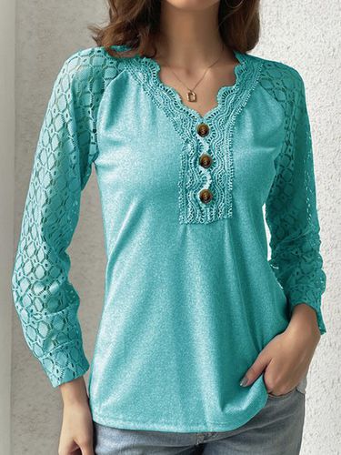 V Neck Casual Plain Lace Bukle T-Shirt - Just Fashion Now - Modalova