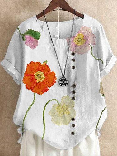 Crew Neck Loose Simple Floral Linen Style Blouse - Just Fashion Now - Modalova