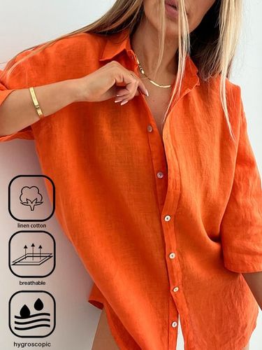 Shirt Collar Plain Casual Cotton And Linen Blouse - Just Fashion Now - Modalova