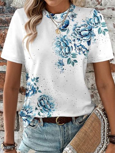 Floral Crew Neck Loose Casual T-Shirt - Just Fashion Now - Modalova