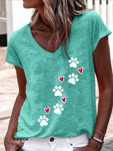 Heart Dog V Neck Regular Fit Cotton-Blend Casual T-Shirt - Just Fashion Now - Modalova