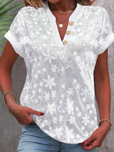Women's Short Sleeve Blouse Summer White Plain Embroidery Buttoned Cotton V Neck Daily Going Out Simple Top - Just Fashion Now - Modalova