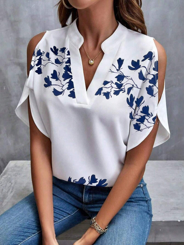 Loose Casual Floral V Neck Shirt - Just Fashion Now - Modalova