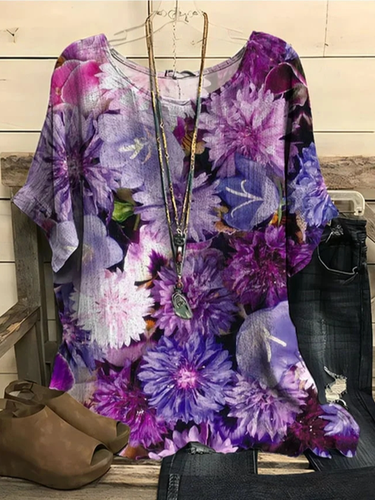 Crew Neck Casual Loose Floral Shirt - Just Fashion Now - Modalova
