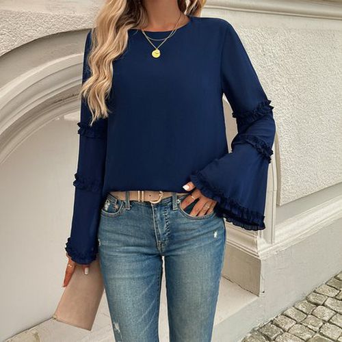 Women's Long Sleeve Blouse Spring/Fall Black Plain Peplum V Neck Bell Sleeve Daily Going Out Top - Just Fashion Now - Modalova