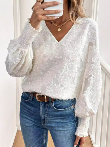 Women's Long Sleeve Blouse Spring/Fall White Plain Lace V Neck Puff Sleeve Daily Going Out Top - Just Fashion Now - Modalova