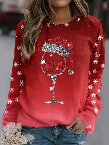 Loose Crew Neck Christmas Wine Glass Casual Sweatshirt - Just Fashion Now - Modalova