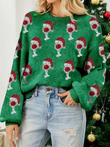 Christmas Wine Glass Casual Wool/Knitting Loose Sweater - Just Fashion Now - Modalova