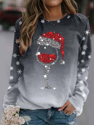 Loose Crew Neck Christmas Wine Glass Casual Sweatshirt - Just Fashion Now - Modalova