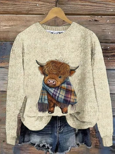 Women's West Highland Cow Print Loose Casual Knitted Sweater - Just Fashion Now - Modalova