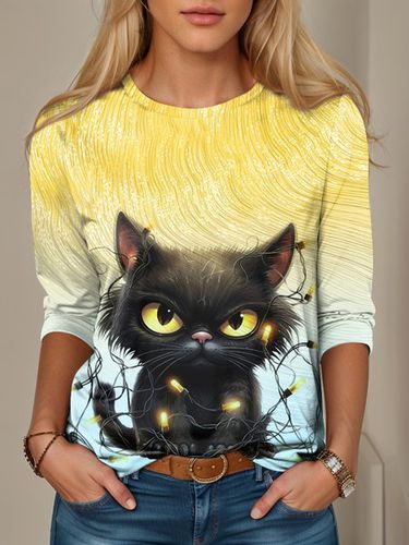 Women's Long Sleeve T-shirt Spring/Fall Yellow Cat Printing Jersey Crew Neck Daily Going Out Casual Top - Just Fashion Now - Modalova