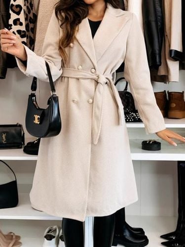 Lapel Collar Plain Buckle Casual Coat With Belt - Just Fashion Now - Modalova