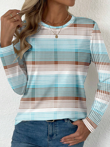 Women's Long Sleeve T-shirt Spring/Fall Blue Striped Jersey Crew Neck Daily Going Out Casual Top - Just Fashion Now - Modalova