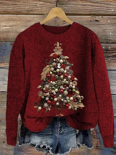 Women's Knitted Crew Neck Casual Christmas Tree Sweater - Just Fashion Now - Modalova