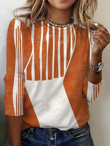 Women's Long Sleeve T-shirt Spring/Fall Orange Striped Jersey Crew Neck Daily Going Out Casual Top - Just Fashion Now - Modalova