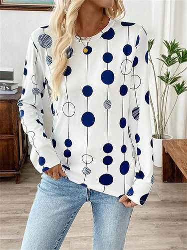 Polka Dot Print Round Neck Long Sleeve T-Shirt - Just Fashion Now - Modalova