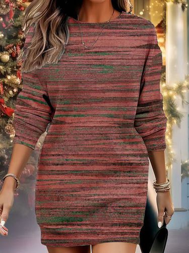 Women's Long Sleeve Spring/Fall Khaki Abstract Stripes V Neck Daily Going Out Casual Midi A-Line Dress - Just Fashion Now - Modalova