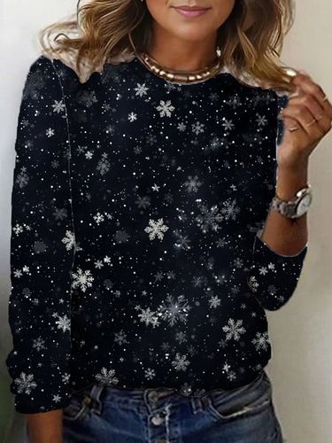 Snowflake Print Long Sleeve Crew Neck T-shirt - Just Fashion Now - Modalova