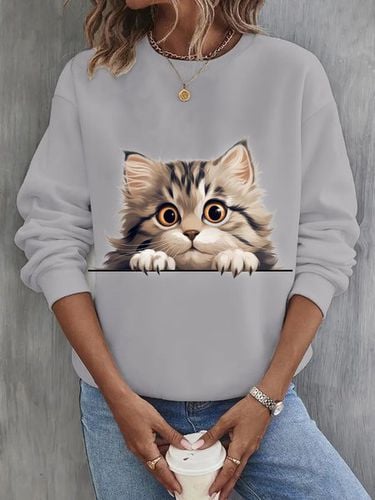 Cat Casual Crew Neck Sweatshirt - Just Fashion Now - Modalova