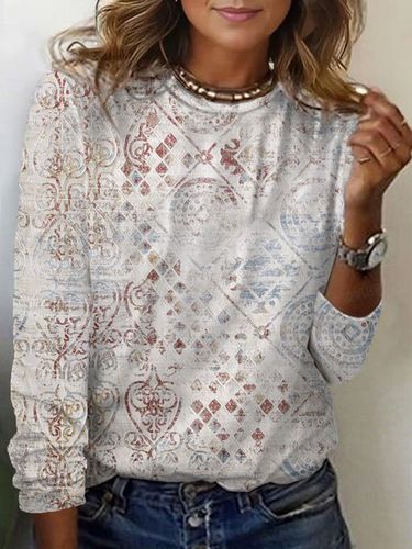 Ethnic Print Long Sleeve Crew Neck T-shirt - Just Fashion Now - Modalova