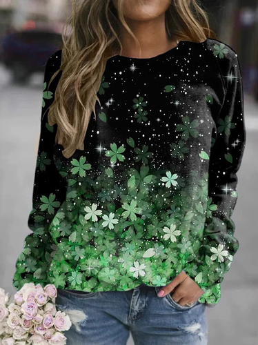 Four-Leaf Clover Loose Crew Neck Casual Sweatshirt - Just Fashion Now - Modalova