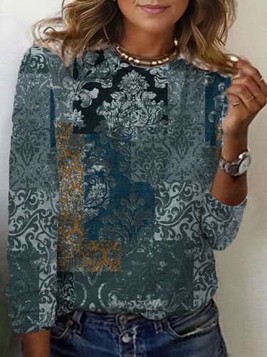 Ethnic Print Long Sleeve Crew Neck T-shirt - Just Fashion Now - Modalova