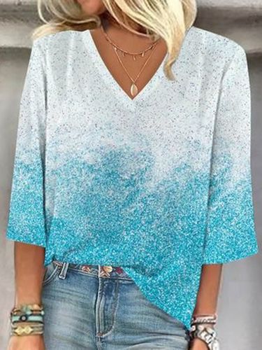 Ombre Print Long-sleeved V-neck Blouse - Just Fashion Now - Modalova