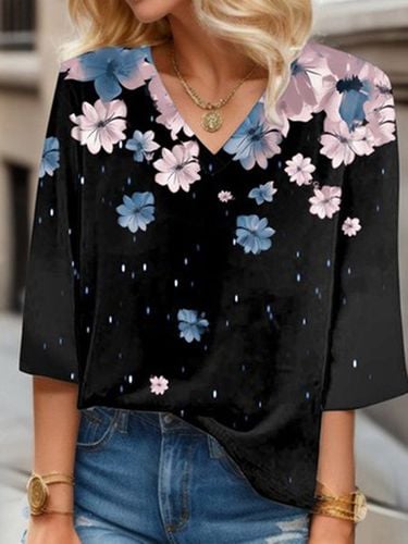 Floral Print Long-sleeved V-neck Blouse - Just Fashion Now - Modalova