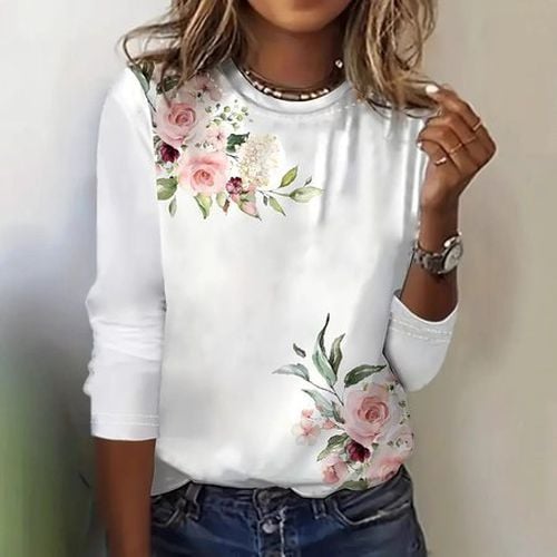 Floral Casual Crew Neck Loose T-Shirt - Just Fashion Now - Modalova