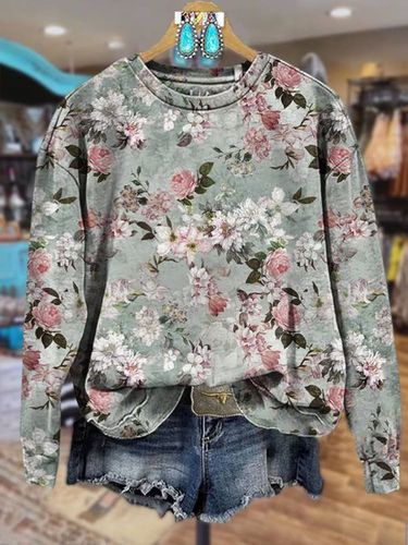 Floral Print Long Sleeve Crew Neck Sweatshirt - Just Fashion Now - Modalova