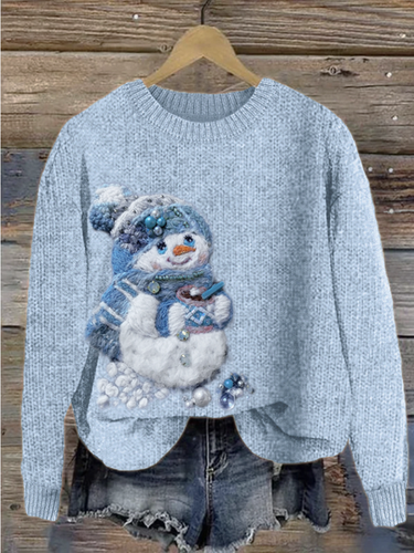 Christmas Snowman Beaded Felt Art Cozy Knit Sweater - Just Fashion Now - Modalova