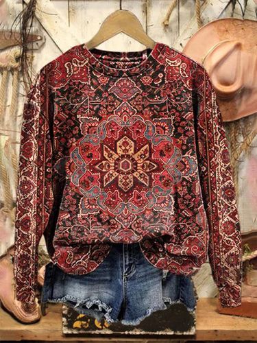 Ethnic Print Crew Neck Sweatshirt - Just Fashion Now - Modalova