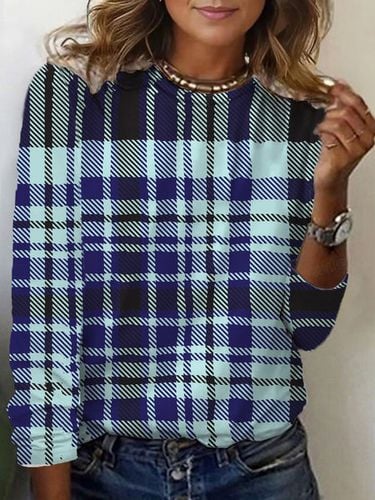 Plaid Print Long Sleeve Crew Neck T-shirt - Just Fashion Now - Modalova