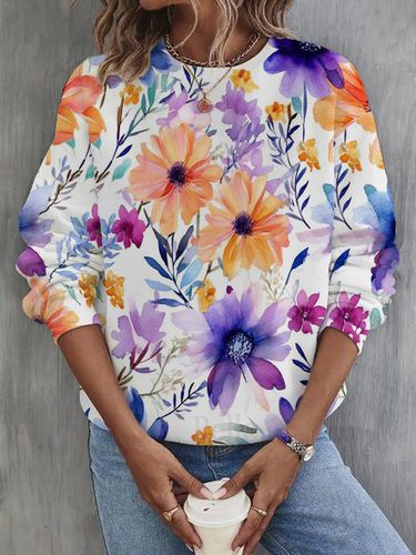 Casual Floral Pattern Cotton Sweatshirt - Just Fashion Now - Modalova