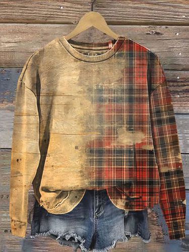 Plaid Print Long Sleeve Crew Neck Sweatshirt - Just Fashion Now - Modalova