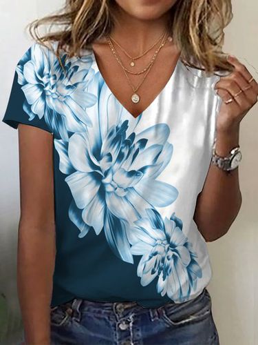 Floral Print Short Sleeve V-Neck T-shirt - Just Fashion Now - Modalova