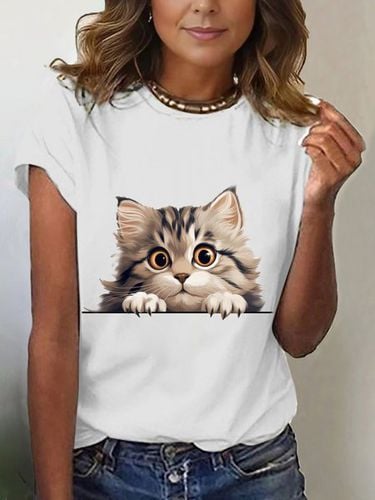 Women's Short Sleeve T-shirt Summer Black Cat Cotton-Blend Crew Neck Daily Going Out Casual Top - Just Fashion Now - Modalova