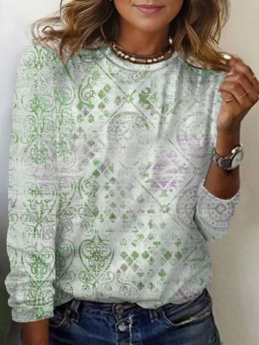 Ethnic Print Long Sleeve Crew Neck T-shirt - Just Fashion Now - Modalova